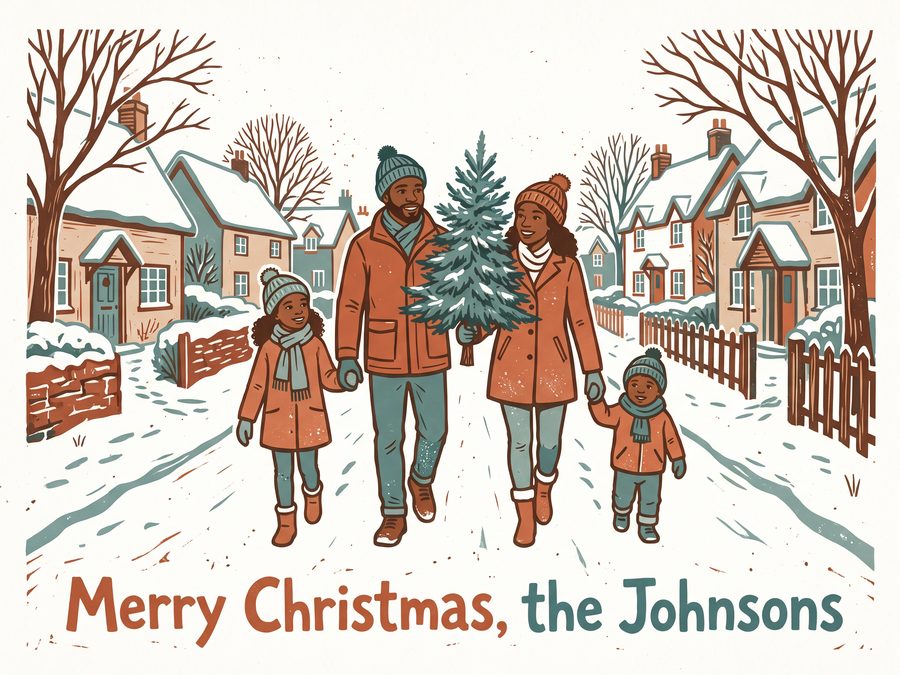 A family of four carries a small fir tree home through a snowy village street. The card says “Merry Christmas, the Johnsons”.
