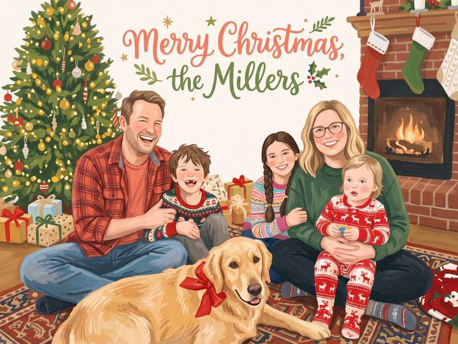 Draft 1: A family of five and their golden retriever by the Christmas tree and the fireplace, painted in gouache. The card says “Merry Christmas, the Millers”.