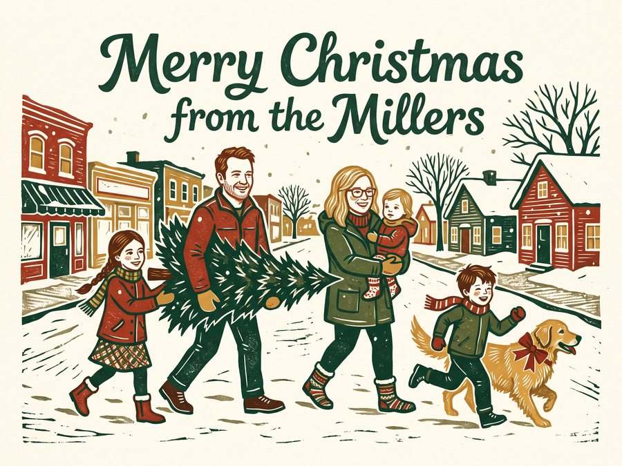 Draft 2: The family walks down a snowy small-town street, carrying a fresh Christmas tree; the boy and the dog run ahead. The card says “Merry Christmas from the Millers”.