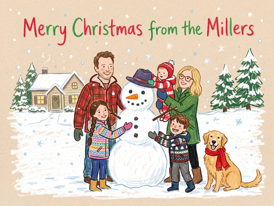 Draft 3: The family builds a big snowman in the front yard; the toddler puts on its hat, the dog wears a red scarf. The card says “Merry Christmas from the Millers”.