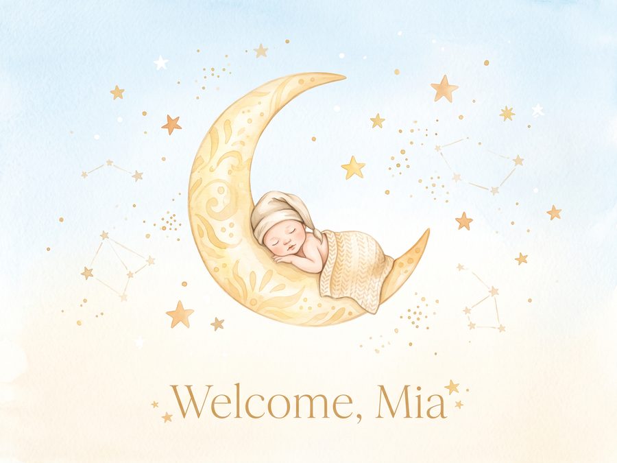 A newborn sleeps in a crescent moon among small stars. The card says “Welcome, Mia”.