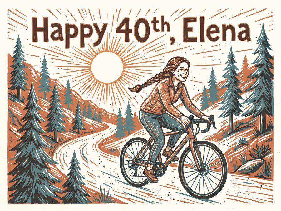 A woman with a long braid cycles up a mountain road under a bright sun. The card says “Happy 40th, Elena”.