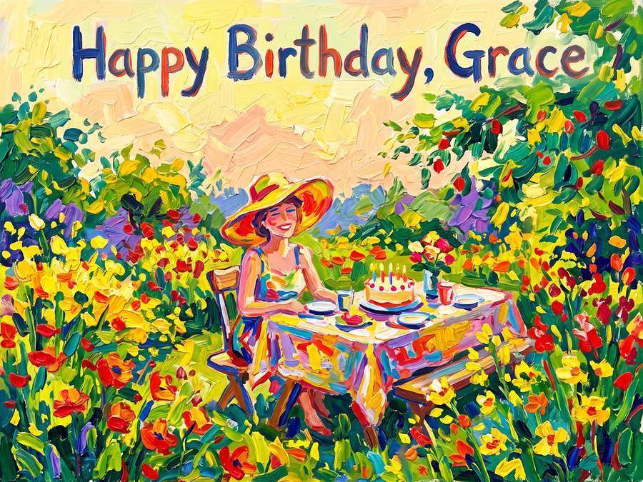 A woman in a sun hat sits at a garden table with a cake, among bright summer flowers. The card says “Happy Birthday, Grace”.