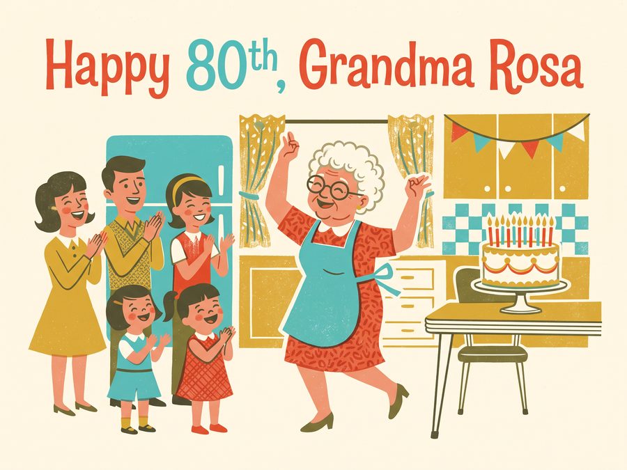 An 80-year-old woman dances in her kitchen next to a birthday cake. Her family claps. The card says “Happy 80th, Grandma Rosa”.