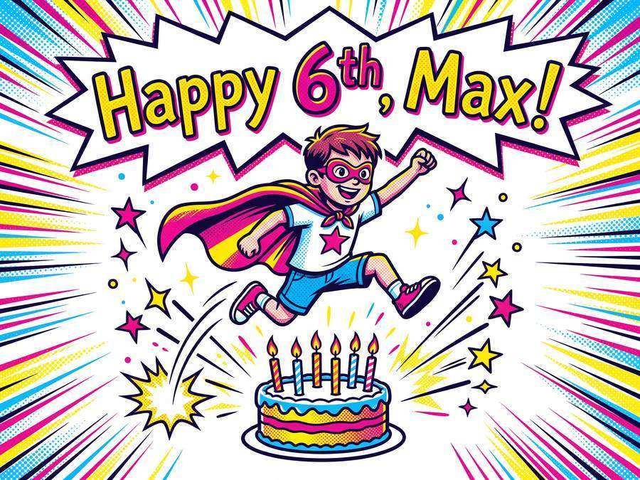 A boy in a superhero cape jumps over a birthday cake. The card says “Happy 6th, Max!”.