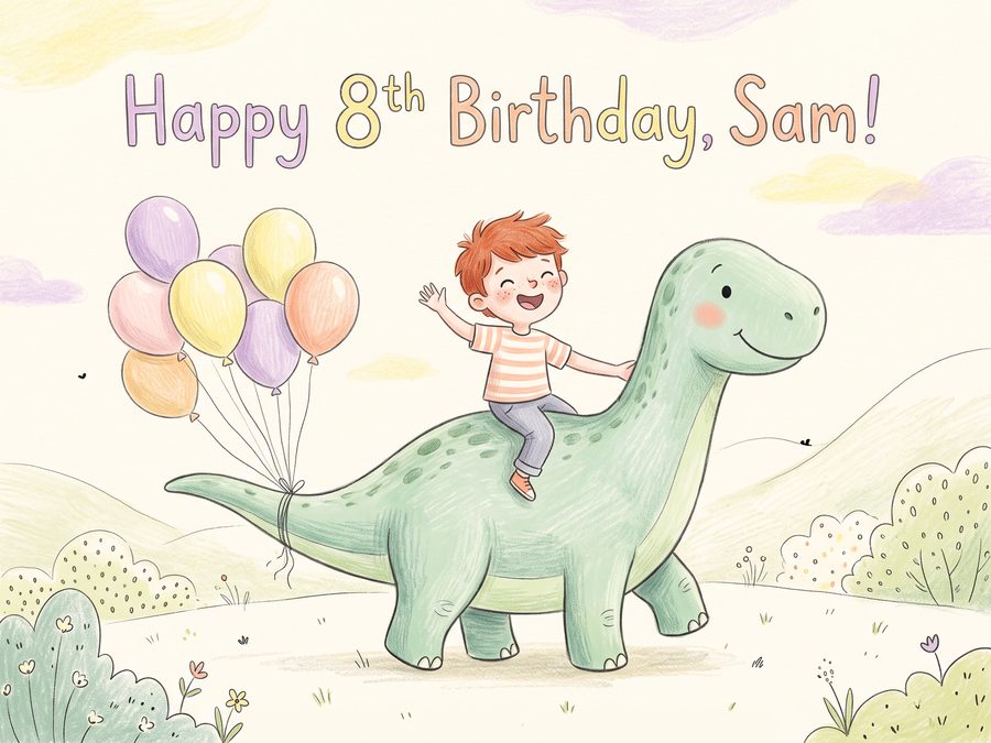 A boy rides a friendly green dinosaur with balloons tied to its tail. The card says “Happy 8th Birthday, Sam!”.