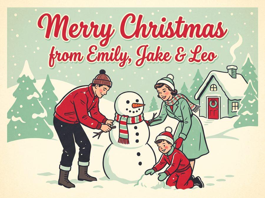 A mother, a father and their son build a snowman in front of their house. The card says “Merry Christmas from Emily, Jake & Leo”.