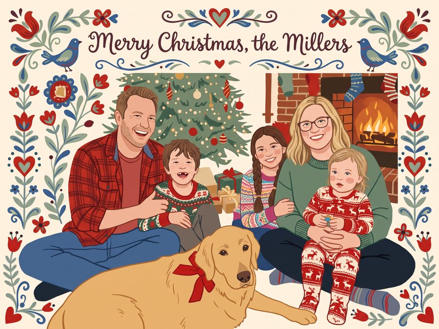 A family of five and their golden retriever by the Christmas tree and the fireplace. Red tulips, hearts and birds frame them. The card says “Merry Christmas, the Millers”.