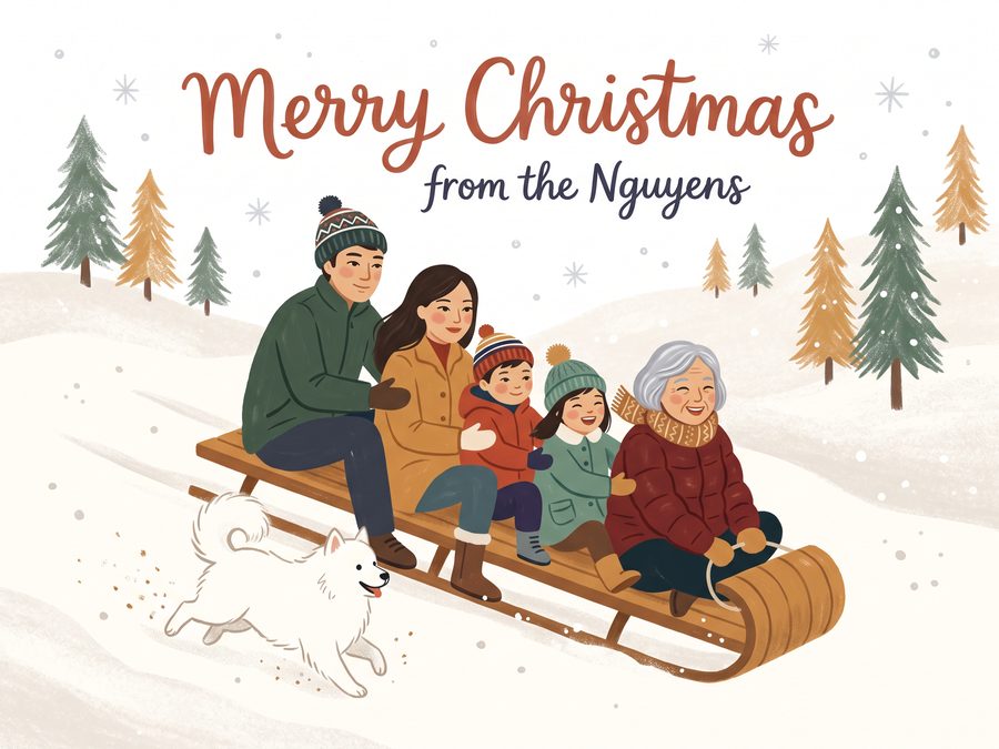 A family of five and their white dog ride a sledge down a snowy hill. The card says “Merry Christmas from the Nguyens”.