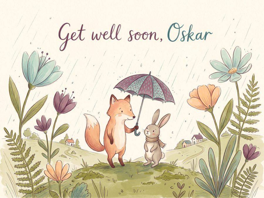 A fox and a rabbit share an umbrella in light spring rain. The card says “Get well soon, Oskar”.