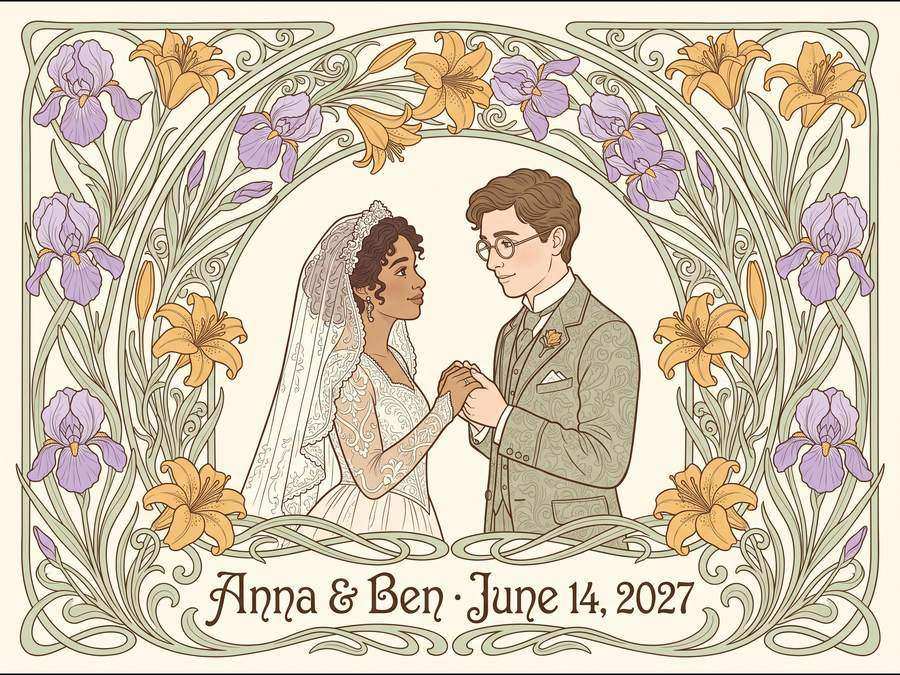 A bride and a groom hold hands under an arch of lilies and irises. The card says “Anna & Ben · June 14, 2027”.