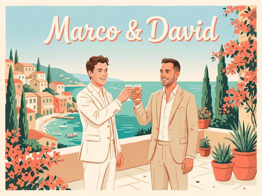 Two grooms raise their glasses on a terrace above the sea. The card says “Marco & David”.