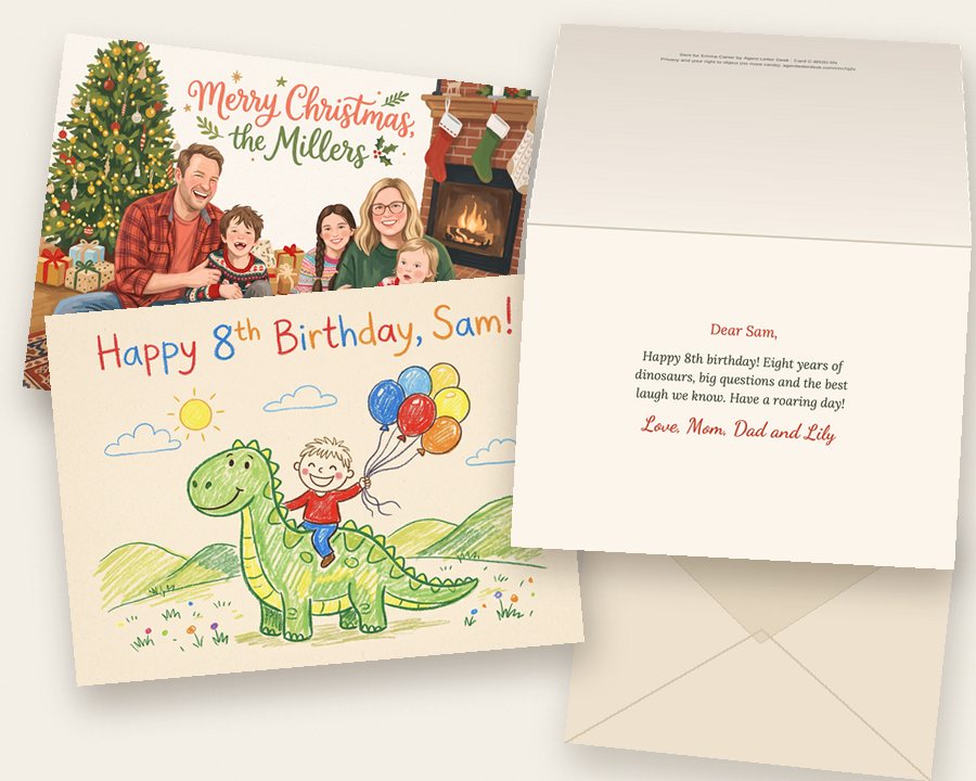 The printed cards: Sam's birthday card in wax crayon, a boy riding a dinosaur; the open card with the greeting inside, “Dear Sam,”; an envelope; and the Millers' Christmas card behind.