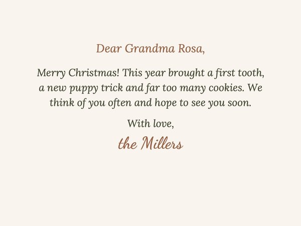 The inside of the card, starting “Dear Grandma Rosa,”.