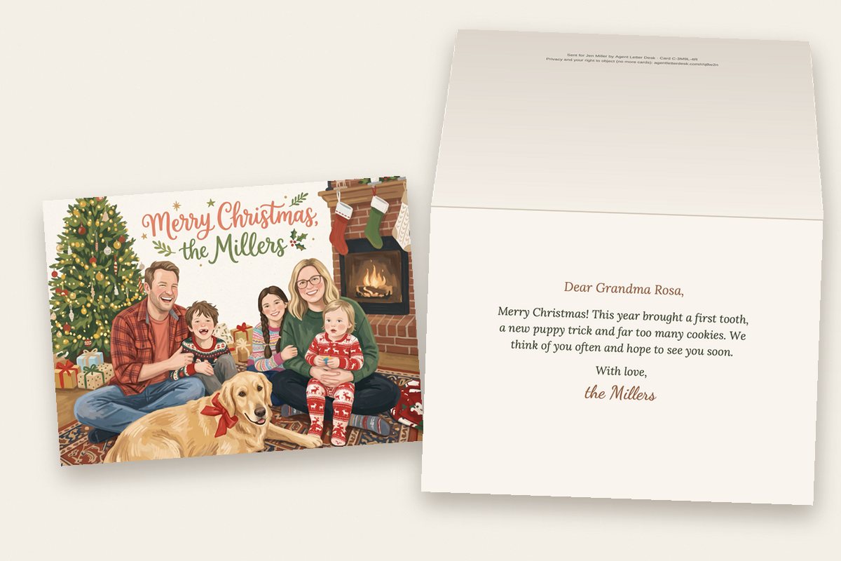 A folded Christmas card: the front shows the Miller family and their dog by the tree and the fireplace. The open card shows the printed greeting inside: “Dear Grandma Rosa,” a short message and “With love, the Millers”.
