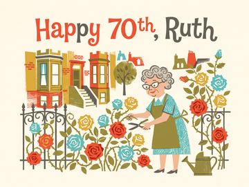 A sample card front in the style 1960s mid-century illustration.