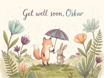 A sample card front in the style Gouache and colored pencil.