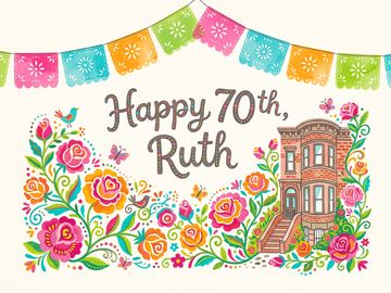 A sample card front in the style Mexican papel picado and folk art.