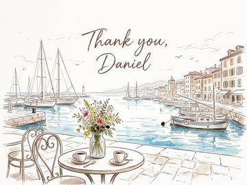A sample card front in the style Pen and wash.