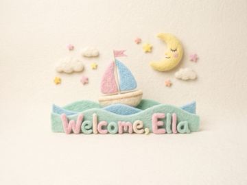 A sample card front in the style Wool-felt diorama.